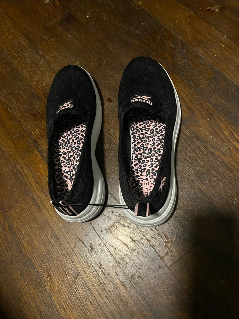 Reebok Women’s Black Slip-On Sneakers with Pink Leopard Insole new with tags 8.5